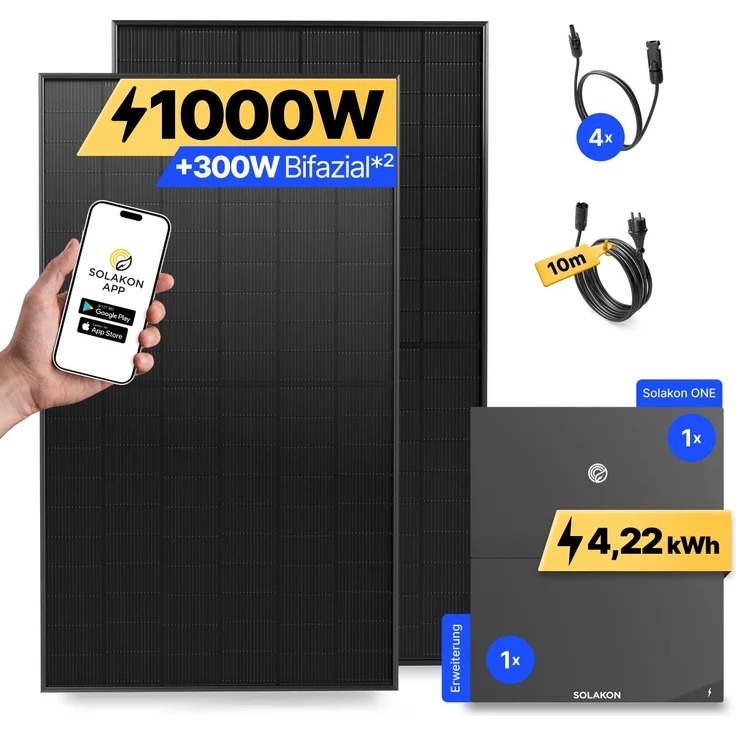 Solakon 1000W Balkonkraftwerk mit Speicher + Erweiterung Solakon ONE (4,22 kWh), Steckerfertig WIFI Komplettset mit 10m Kabel, bifaziale Solarmodule, hohe Leistungsstabilität