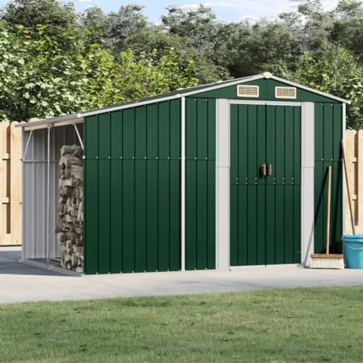 vidaXL Gerätehaus, Gartenhaus mit Schrägdach Griffe, Gartenschuppen Schuppen mit Stauraum, Geräteschuppen Metallschuppen, Grün 277x192,5x179 cm Verzinkter Stahl – Bild 2