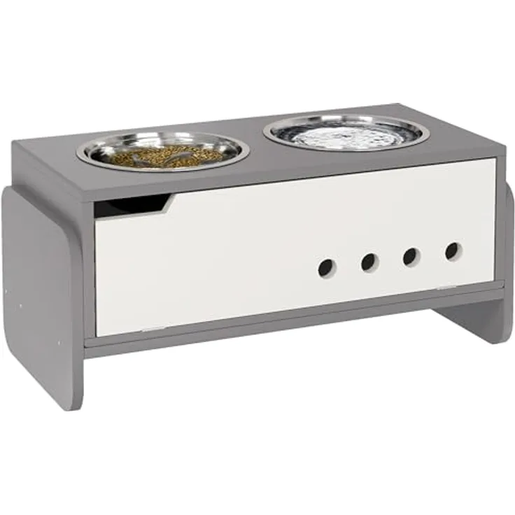 PawHut Hundenapf erhöht, 3 Stufig Höhenverstellbar Futternapf für Hunde mit Stauraum, Anti-Schling-Matte, 2 x 2L Edelstahl-Schüsseln, Grau