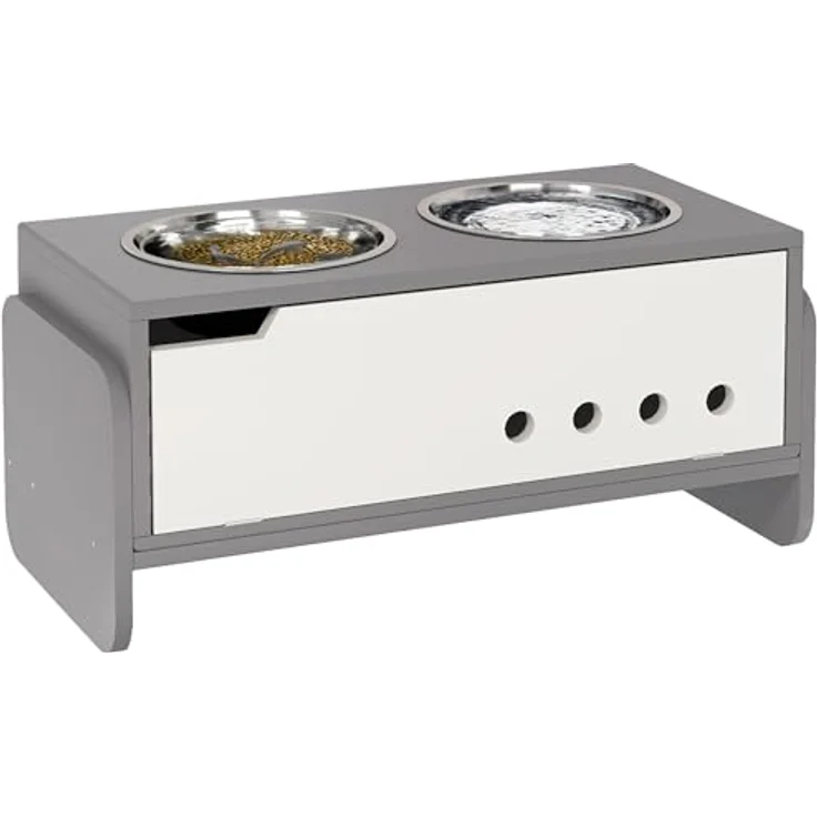 PawHut Hundenapf erhöht, 3 Stufig Höhenverstellbar Futternapf für Hunde mit Stauraum, Anti-Schling-Matte, 2 x 2L Edelstahl-Schüsseln, Grau – Bild 1