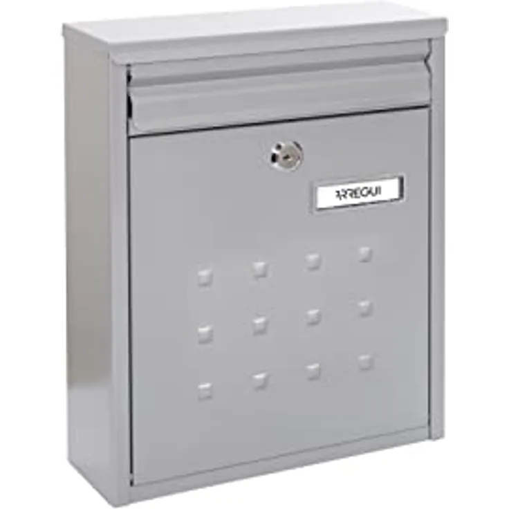 ARREGUI Dime V1322 Briefkasten aus Verzinktem Stahl, Größe M (DIN A4 Post), Gruppierbarer Wandbriefkasten für den Außenbereich, Witterungsbeständig, Schmal, mit Namensschild und Einwurfklappe, Silber
