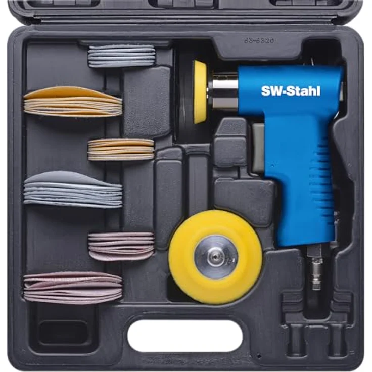 SW-Stahl S3293 Druckluft-Exzenterschleifer Set, 63-teiliges Druckluftwerkzeug mit 15.000 U/min, 2 Aufnahmescheiben (ø 50mm, ø 70mm) und 60 Schleifpapiere – Bild 2