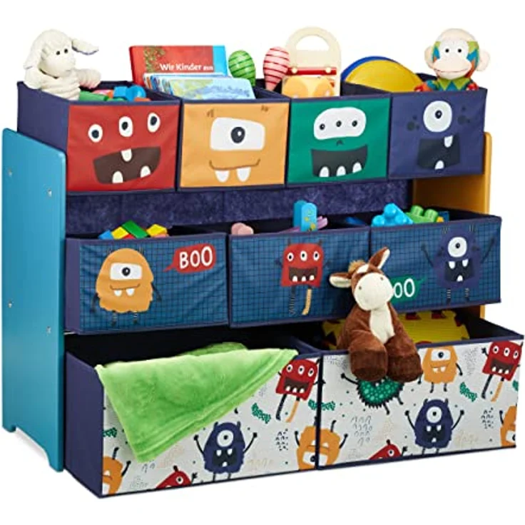 Relaxdays Kinderregal mit 9 Stoffboxen, Monster Design, HxBxT: 70 x 92,5 30 cm, Spielzeugregal fürs Kinderzimmer, bunt, Dunkelblau, Türkis, Orange – Bild 1