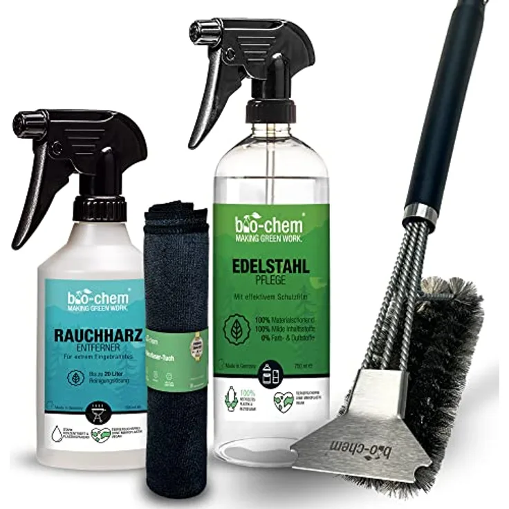 bio-chem Grillreiniger Set 4-teilig: Rauchharz-Entferner 500 ml + Edelstahlpflege 750 ml + Grillbürste + Mikrofasertuch - Zur effizienten Reinigung & Pflege von Grill, Grillrost, Gasgrill, Gusseisen