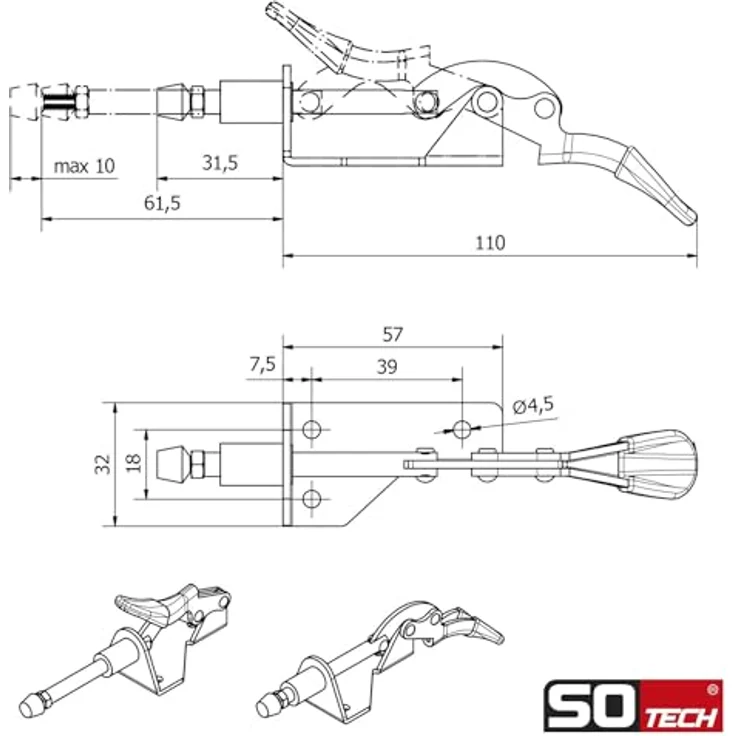 SO-TECH Kniehebelspanner Kniehebelklemme, Haltekraft bis zu 90 kg, 190° Winkel, 2 Stück, rot – Bild 5