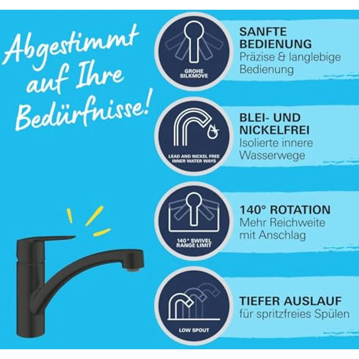 Grohe Start Einhand-Spültischbatterie mit flachem Auslauf, Mattschwarz, schwenkbarer Gussauslauf, temperaturbegrenzt und variabel einstellbare Mengenbegrenzung – Bild 5