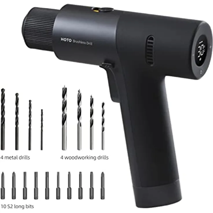 HOTO 12 V Schlagbohrmaschine, Akku-Bohrmaschine mit bürstenlosem Motor, 30 Nm Drehmoment, 30 Stufen, 2000-mAh-Akku und umfassendem Bohrerset