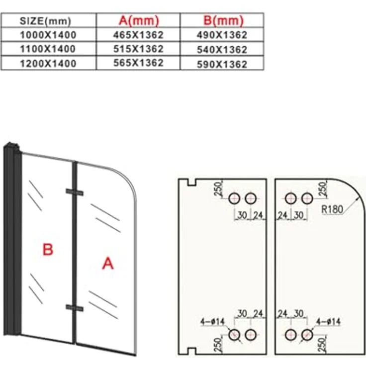 Badplaats B.V. Badewanne Austin Schwarz, 120 x 140 cm, Duschwand mit 5mm Sicherheitsglas und Nanobeschichtung, drehbares Aluminiumprofil – Bild 5