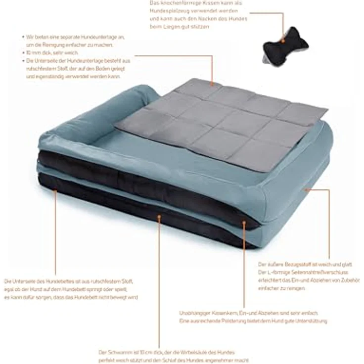 RAIKOU Hundebett mit abnehmbarem Kissen, gepolstert und waschbar – Hochwertiges Tierbett für Ihren treuen Begleiter (Blau, 100 * 80 * 9cm) – Bild 2