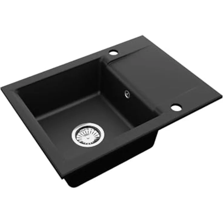 QLS Granit-Küchenspüle LUNA 59x44 cm, 1-Becken mit Abtropffläche, reversibel, automatischer Siphon, für 40 cm Unterschrank, Schwarz metallic, matt, kompakt – Bild 4