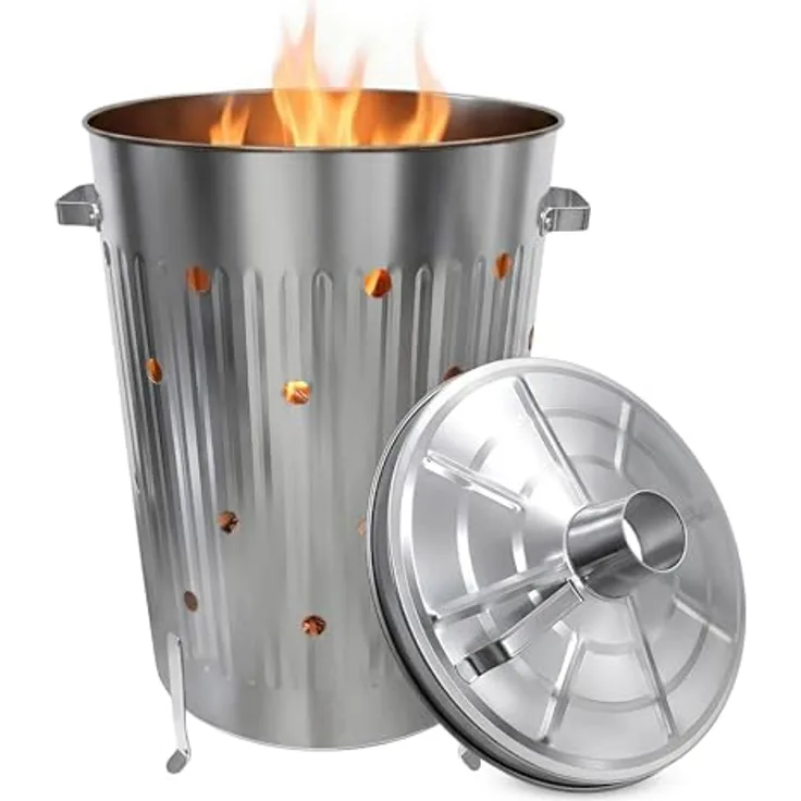 Spetebo Verbrennungstonne 75l, verzinkt, Feuertonne mit abnehmbaren Deckel und Belüftungslöchern, ideal für Terrassenofen