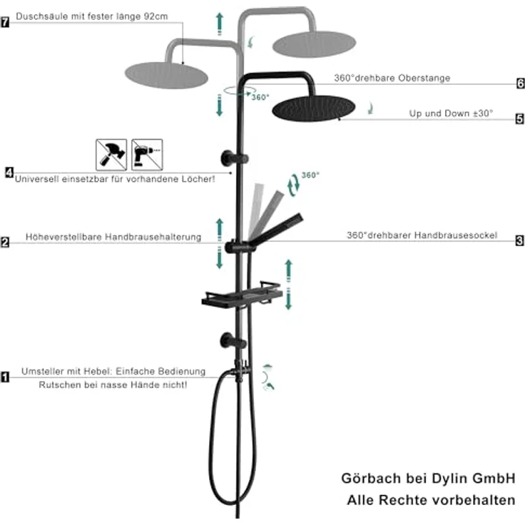 Görbach Edelstahl Duschset Regendusche ohne Armatur, Duschsystem mit verstellbarer Duschstange, Kopfbrause 25 cm und Duschablage in Schwarz – Bild 5