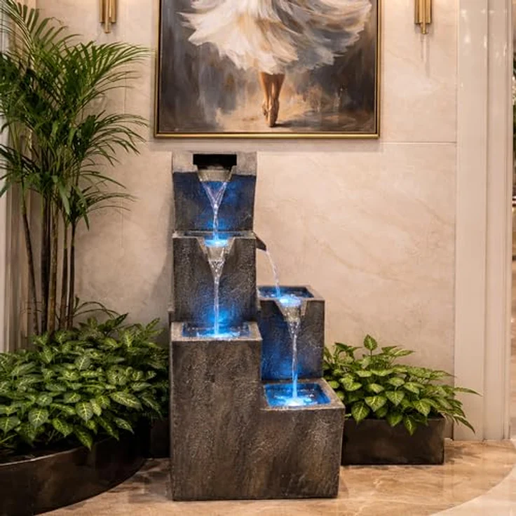 Köhko Gartenbrunnen mit LEDs, stufige Wasserfall-Design, wetterfest, 30,5cm x 32,5cm x 81cm – Bild 5