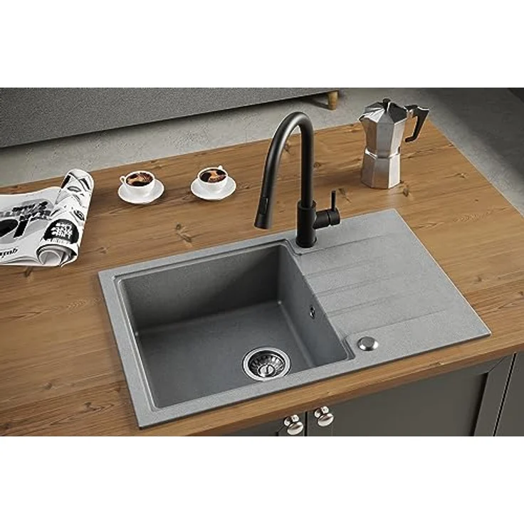 QUADRON Granitspüle Einbeckenspüle Beige & Stahl | PETER 111 Einzelbecken Küchenspüle mit manuellem Siphon und Abtropffläche – Bild 5