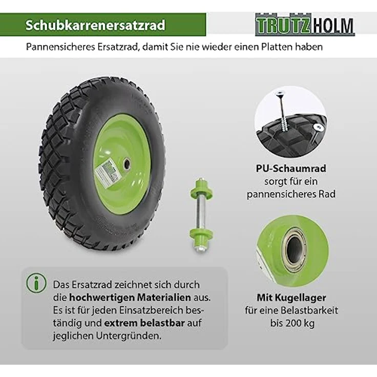 Schubkarrenrad grün/Schwarz Vollgummi 4.80/4.00-8 + Achse Ersatzrad Reifen Schiebkarre PU – Bild 3