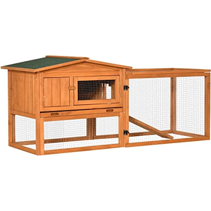 PawHut Kleintierstall Tannenholz Kleintierhaus mit Asphaltdach Kleintierkäfig mit Bodenwanne und Rampe Gehege Outdoor Indoor Orange 156 x 58 x 68 cm – Bild 1
