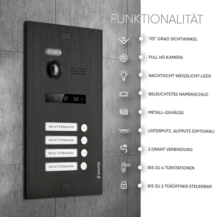 Balter EVO HD Video Türsprechanlage, Komplettset für 4-Familienhaus, 7-Zoll Touchscreen Monitor, Full HD Kamera, Smartphone App, Nachtsicht, 2-Draht-BUS-Technologie – Bild 2