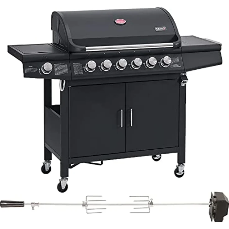 TAINO RED 6+1 Gasgrill mit Drehspieß 6-Brenner Grillwagen Piezo-Zündung - emaillierte Brennkammer, Aluminium-isolierter doppelwandiger Deckel - Rot – Bild 1