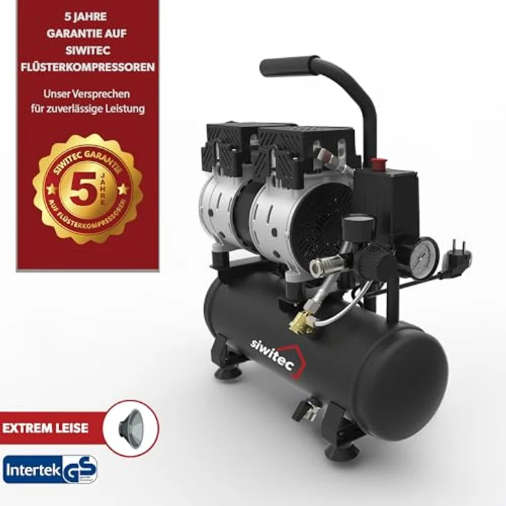 siwitec Flüsterkompressor SK-550, 550 W, 6 L Kessel, max. Druck 8 bar, 56 dB, ölfrei & wartungsarm, mit Schnell-Anschluss-Kupplung – Bild 2