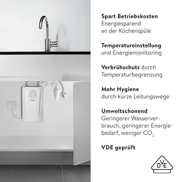 CLAGE CEX-U/EAK, elektronischer Küchen-Durchlauferhitzer Set mit Einhebel-Mischarmatur, 11-13,5 kW, LED-Sensorbedienfeld, Untertischmontage, VDE-GS geprüft – Bild 5