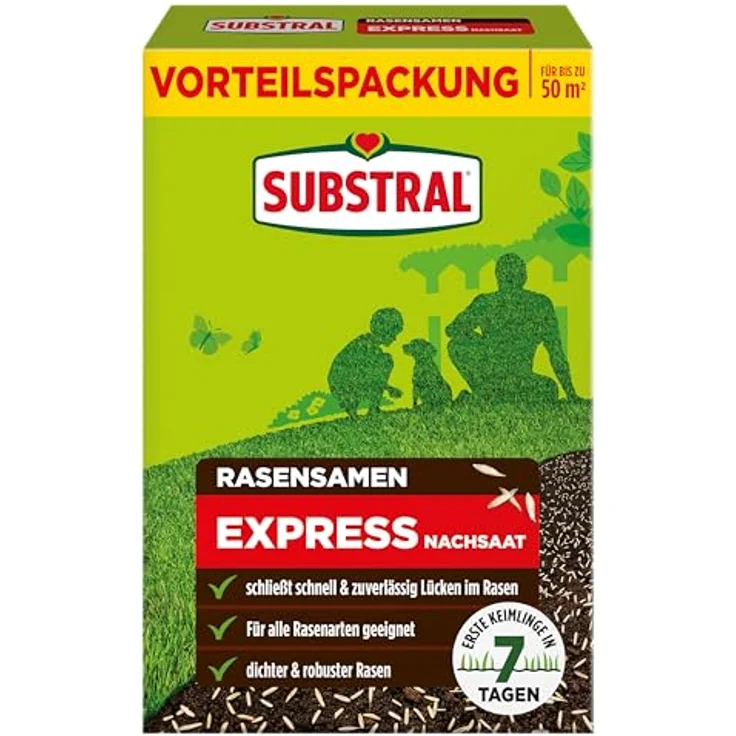 Substral Rasensamen Express Nachsaat, 1 kg für 50 m², schnell keimend für dichten Rasen zur Lückenreparatur – Bild 1