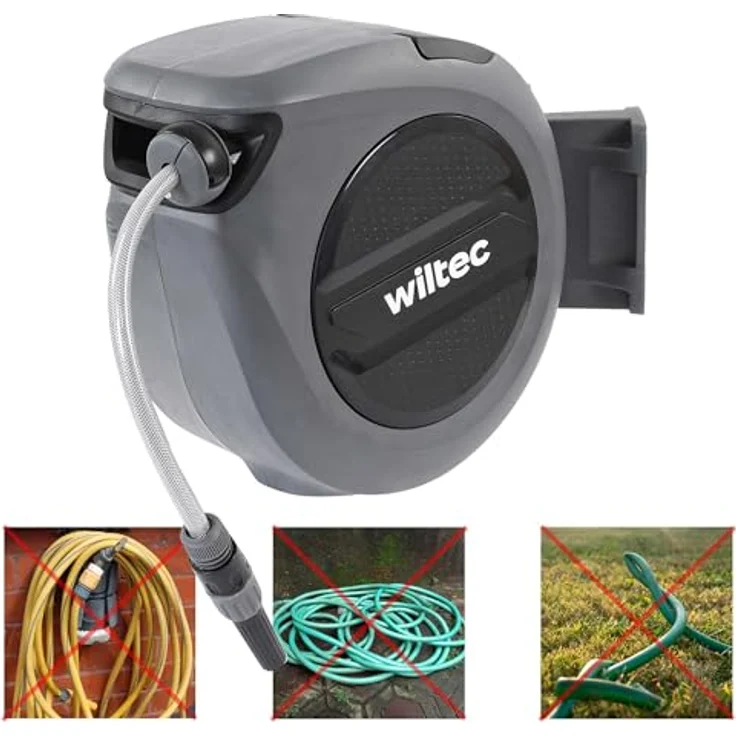 XPOtool Schlauchtrommel, Wand Schlauchbox mit 30m Wasserschlauch, Aufroll-Automatik, witterungsbeständig und 180° schwenkbar – Bild 5