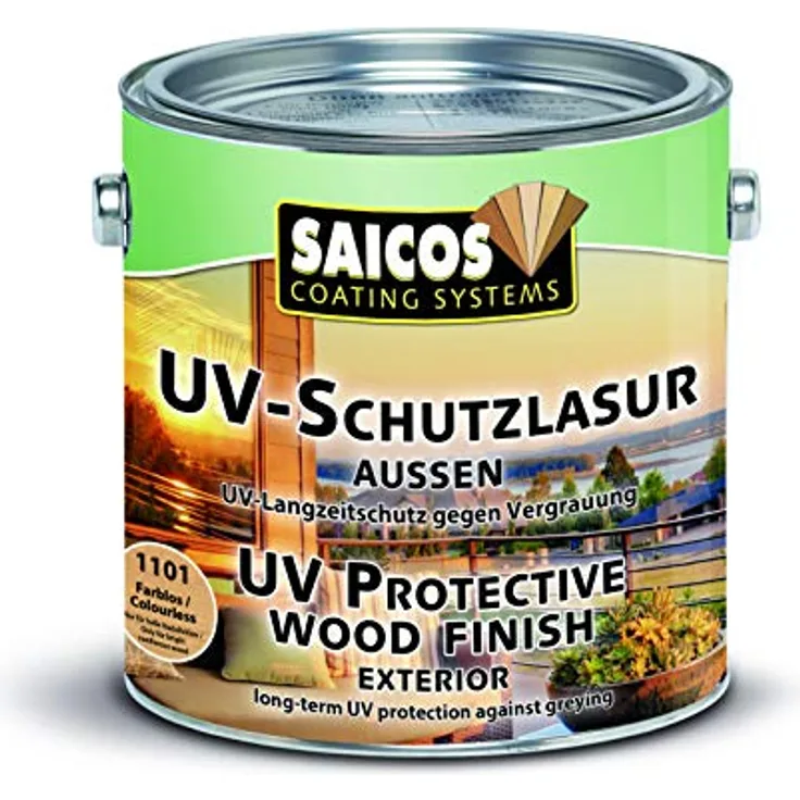 Saicos 1111 501 UV-Schutzlasur Außen, transparente Holzanstrich mit UV-Langzeitschutz, auf Naturöl-Basis, seidenmatt, 2.5 l