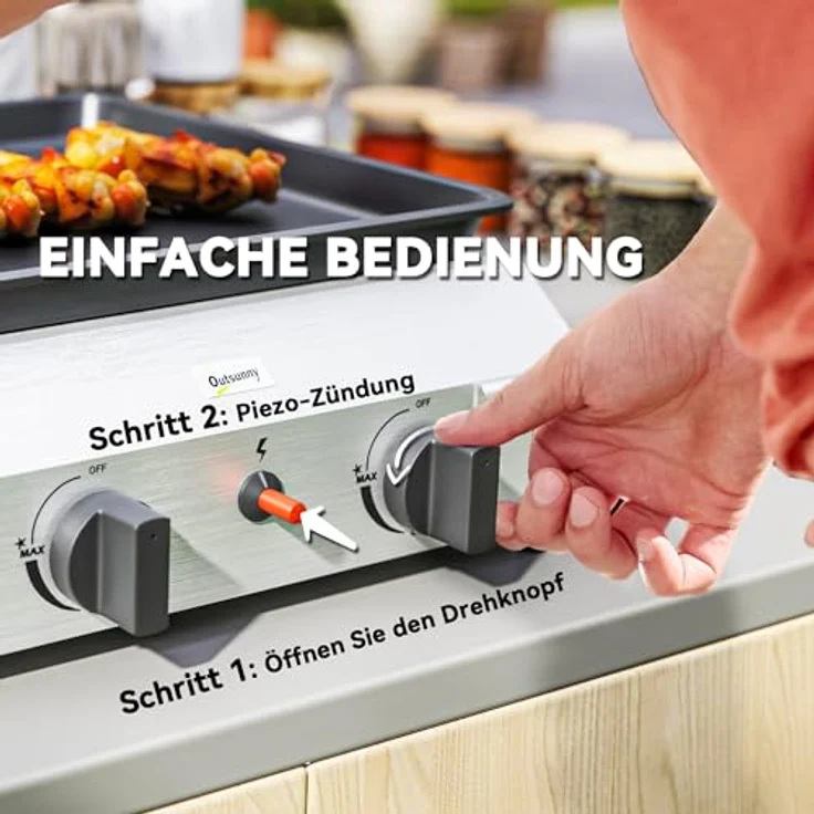Outsunny Gasgrill 8000BTU/2,4 KW Grillwagen inkl 2 Edelstahl-Brenner Druckminderer Gasschlauch verstellbare Beine Kochplatte, BBQ Gartengrill für Balkon, Camping-Grill 44 x 44,5 x 19 cm, Email beschichtete Metallplatte, piezoelektrische Zündung, kompakte Größe -  blau – Bild 4