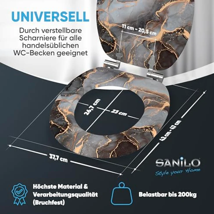 Sanilo WC Sitz Marmor Abstrakt, Toilettendeckel aus Holz mit Absenkautomatik, antibakterieller Oberfläche, passend für alle WC-Becken – Bild 4