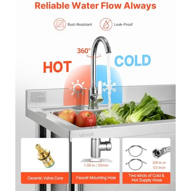 VEVOR Edelstahl Spültisch (120 x 50 x 94 cm) mit 360° Wasserhahn, 2 Ablagefächern und verstellbaren Füßen für Küche, Garage und Restaurant – Bild 4