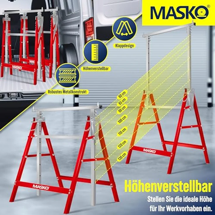 MASKO® Teleskop-Arbeitsbock 4-er Set, Höhenverstellbar 800-1300 mm, max. Belastbarkeit 200 kg, inkl. rutschfester Handschuhe, Rot – Bild 3