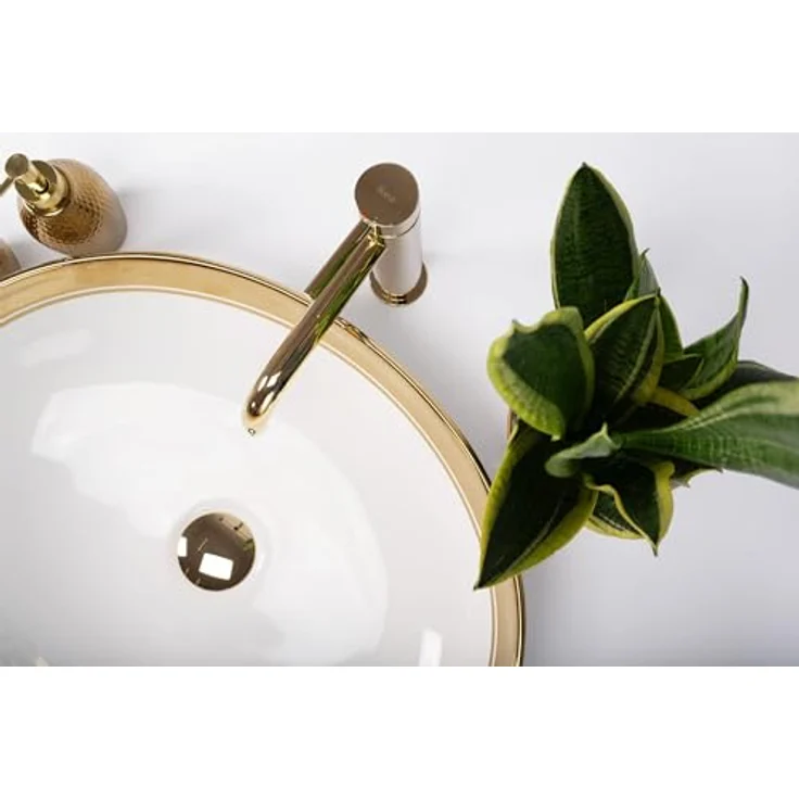 Rea Aufsatzwaschbecken MARGOT WHITE/GOLD Waschtisch Handwaschbecken Waschschale Waschbecken für Badezimmer aus hochwertiger Keramik 40 x 52 x 13,5 cm (Weiß) – Bild 4