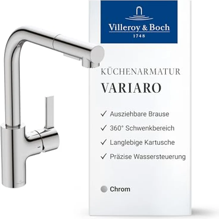 Villeroy & Boch Variaro Küchenarmatur FirmaFlow® Kartusche mit Handbrause, 360° schwenkbarem Auslauf, Chrom-Finish – Bild 1