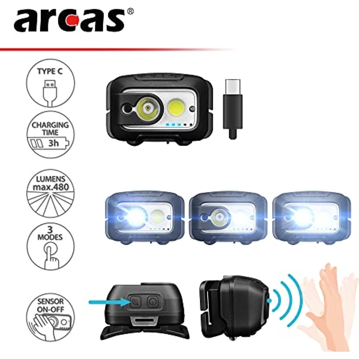Arcas 30710015 - LED Kopf-Lampe mit 9W, verstellbarem Kopfband und Sensor, wiederaufladbar über USB-Port, Stirn-Lampe mit 6 Leucht-Funktionen, ideal zum Arbeiten, Wandern und Joggen – Bild 2