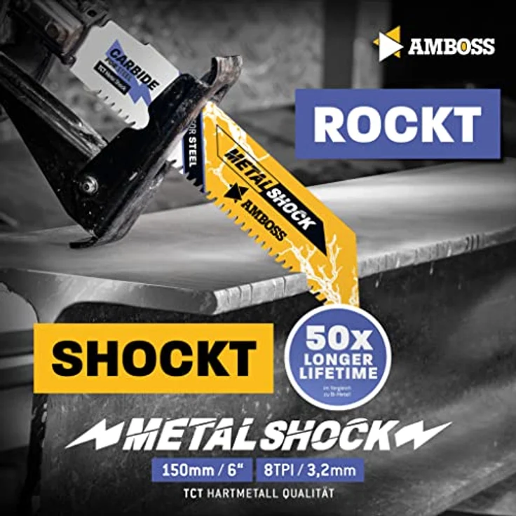 AMBOSS METAL SHOCK - 3x Säbelsägeblatt Länge 150 mm / 8 ZpZ - ideal für Abriss / Fahrzeugrettung / Aufbau / Demontage / Rohrleitungsbau - geeignet für Stahl (Rohre / Profile / Träger) sowie Gussrohre – Bild 2