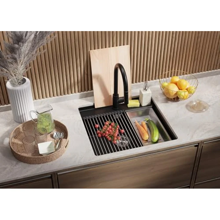 Primagran Unterbauspüle Granit Alles Schwarz 56x53cm, 1 Becken + Ablauf-Set + Schneidebrett, ab 60er Unterschrank - Bergen Low Cut – Bild 2