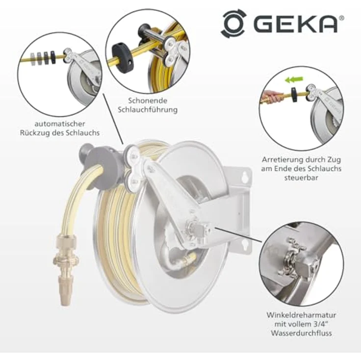 GEKA plus automatischer Schlauchaufroller EA15SK, Edelstahlkonstruktion mit automatischem Rückzug und individuellem Schlauchstopper, 52 x 45 x 23,5 cm – Bild 3