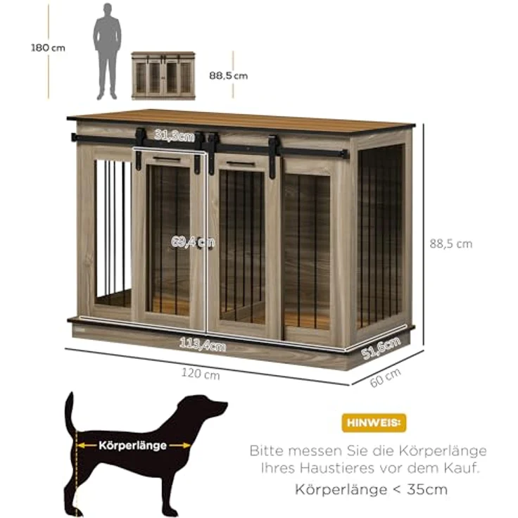 PawHut Hundekäfig, Haustierkäfig, Hundehütte mit Zweiraum-Option für Mittelegroße Hunde, Hundebox mit Doppeltüren, Hundehaus, Eiche, 120 x 60 x 88,5 cm – Bild 3