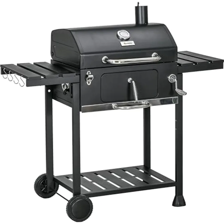 Outsunny Holzkohlegrill, Campinggrill mit zwei Grillrost, klappbar Seitenablage, Grillwagen mit Regal, Griff für BBQ, Edelstahl, Schwarz, 120 x 64 x 114 cm