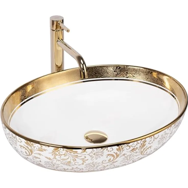 Rea Aufsatzwaschbecken MARGOT WHITE/GOLD Waschtisch Handwaschbecken Waschschale Waschbecken für Badezimmer aus hochwertiger Keramik 40 x 52 x 13,5 cm (Weiß)