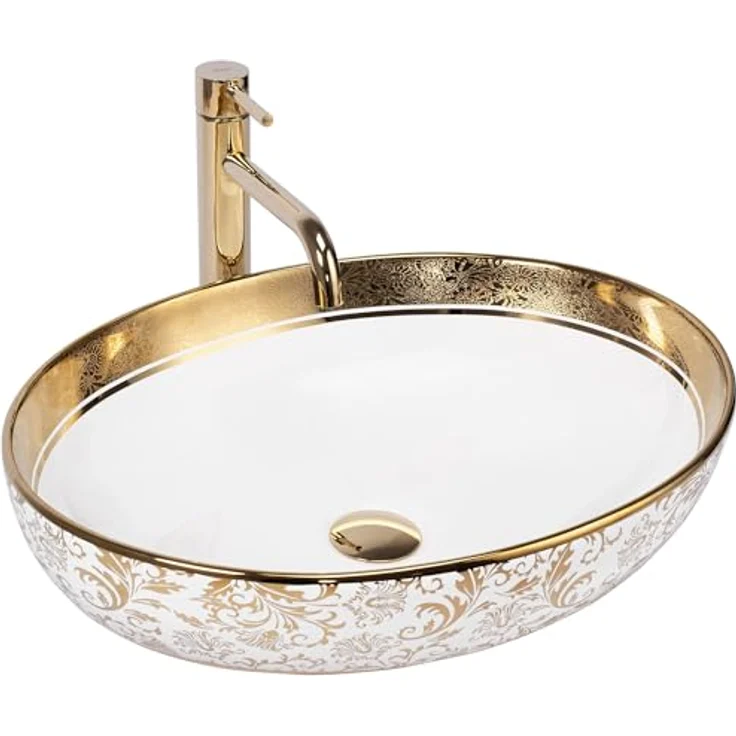 Rea Aufsatzwaschbecken MARGOT WHITE/GOLD Waschtisch Handwaschbecken Waschschale Waschbecken für Badezimmer aus hochwertiger Keramik 40 x 52 x 13,5 cm (Weiß) – Bild 1