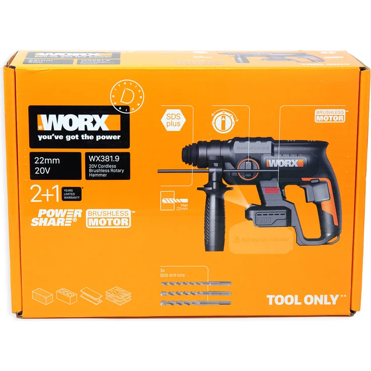 Worx Nitro Akku Bohrhammer WX381.9 20V solo Bohren Hammerbohren Meißel ohne Akku – Bild 3