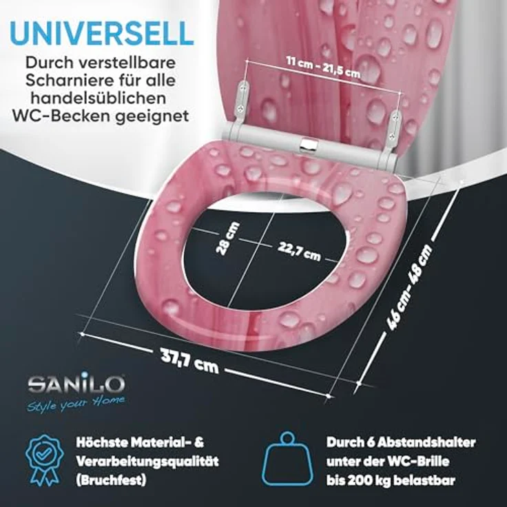 Sanilo WC Sitz Pink Flower, Toilettendeckel mit Absenkautomatik aus hochwertigem Holz, antibakterielle Oberfläche, für alle gängigen WC-Becken – Bild 5