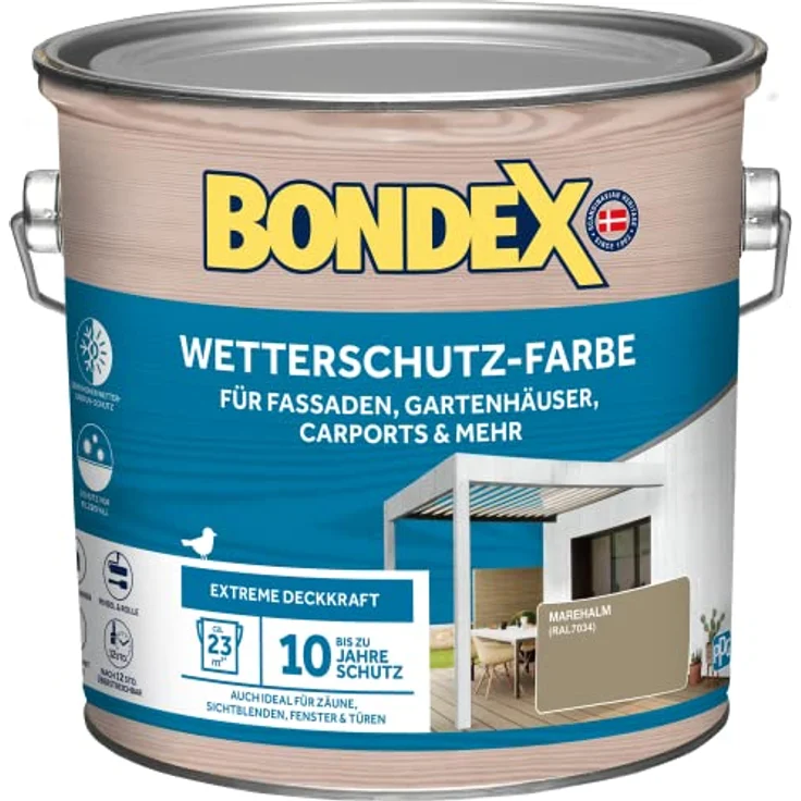 Bondex Wetterschutz Farbe Marehalm (RAL7034) 2,5 L für 23 m² | Extreme Deckkraft | Hervorragende Witterungsbeständigkeit | seidenglänzend | Wetterschutzfarbe | Holzfarbe – Bild 1