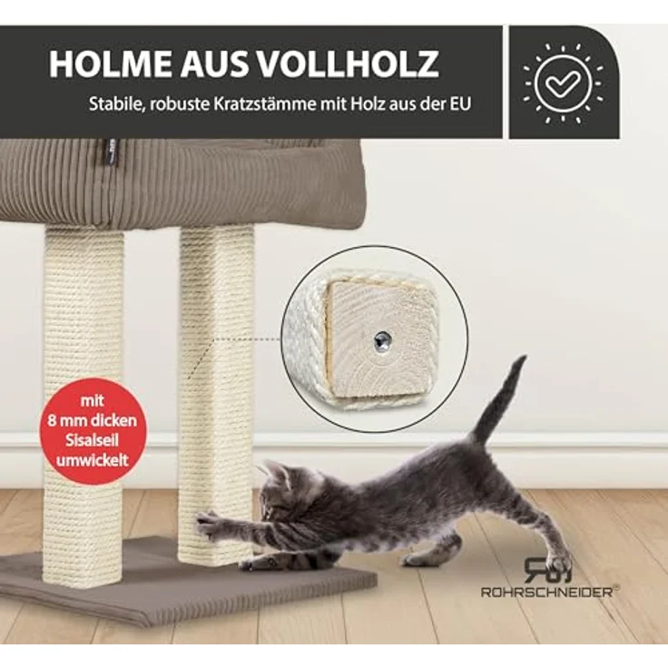 Rohrschneider Kratzbaum Katzenbaum Wolly 2 breite Kratzstämme mit Katzenbett Cordstoff, Made in Germany, versch. Farben – Bild 7