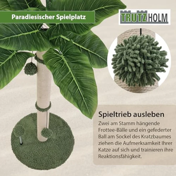 TRUTZHOLM Kratzbaum Palme ca. 85 cm Höhe Kratzsäule mit widerstandsfähigem Sisal zum Krallen wetzen 3 Bällen zum Spielen Katzenkratzbaum Kletterbaum natürliches Design I Stabiler, weicher Sockel – Bild 5
