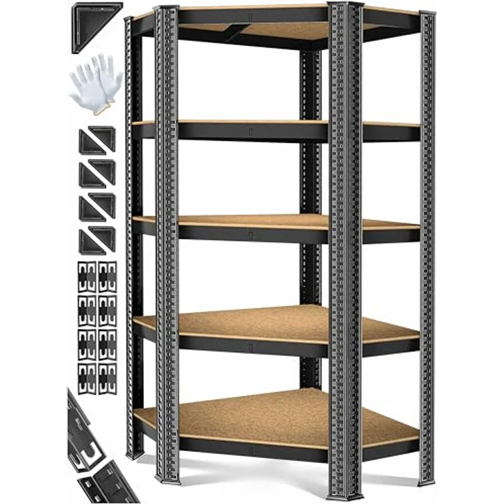 MASKO Eckregal Lagerregal Schwerlastregal, Kellerregal, 180x75x40cm , bis 875 kg, 5 verstellbare Ablagen, MDF-Platten Regal aus Metall, Steckregal, Werkstattregal, Keller, Garage Schwarz – Bild 2