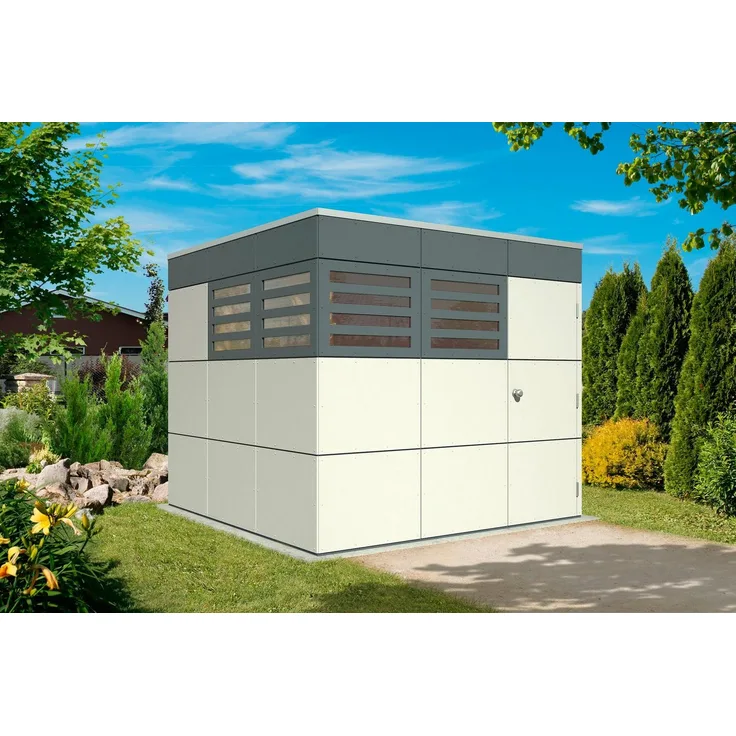 Skanholz Gartenhaus CrossCube Sydney 3, BxT: 253x253 cm, Flachdach, 4 Feststehende Fenster, Einflügeltür, schiefergrau-naturbelassen