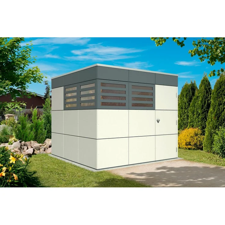 Skanholz Gartenhaus CrossCube Sydney 3, BxT: 253x253 cm, Flachdach, 4 Feststehende Fenster, Einflügeltür, schiefergrau-naturbelassen