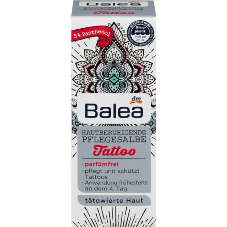 Balea Tattoopflege Hautberuhigende Pflegesalbe, 50 ml mit 5% Panthenol, vegan, parfümfrei, dermatologisch getestet – Bild 2